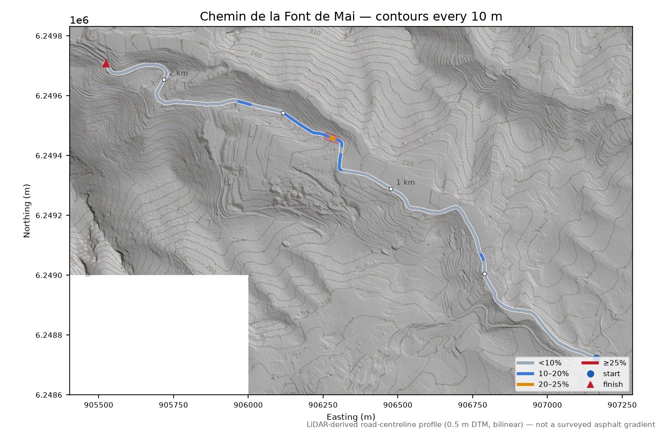Chemin de la Font de Mai LiDAR hillshade map with contours