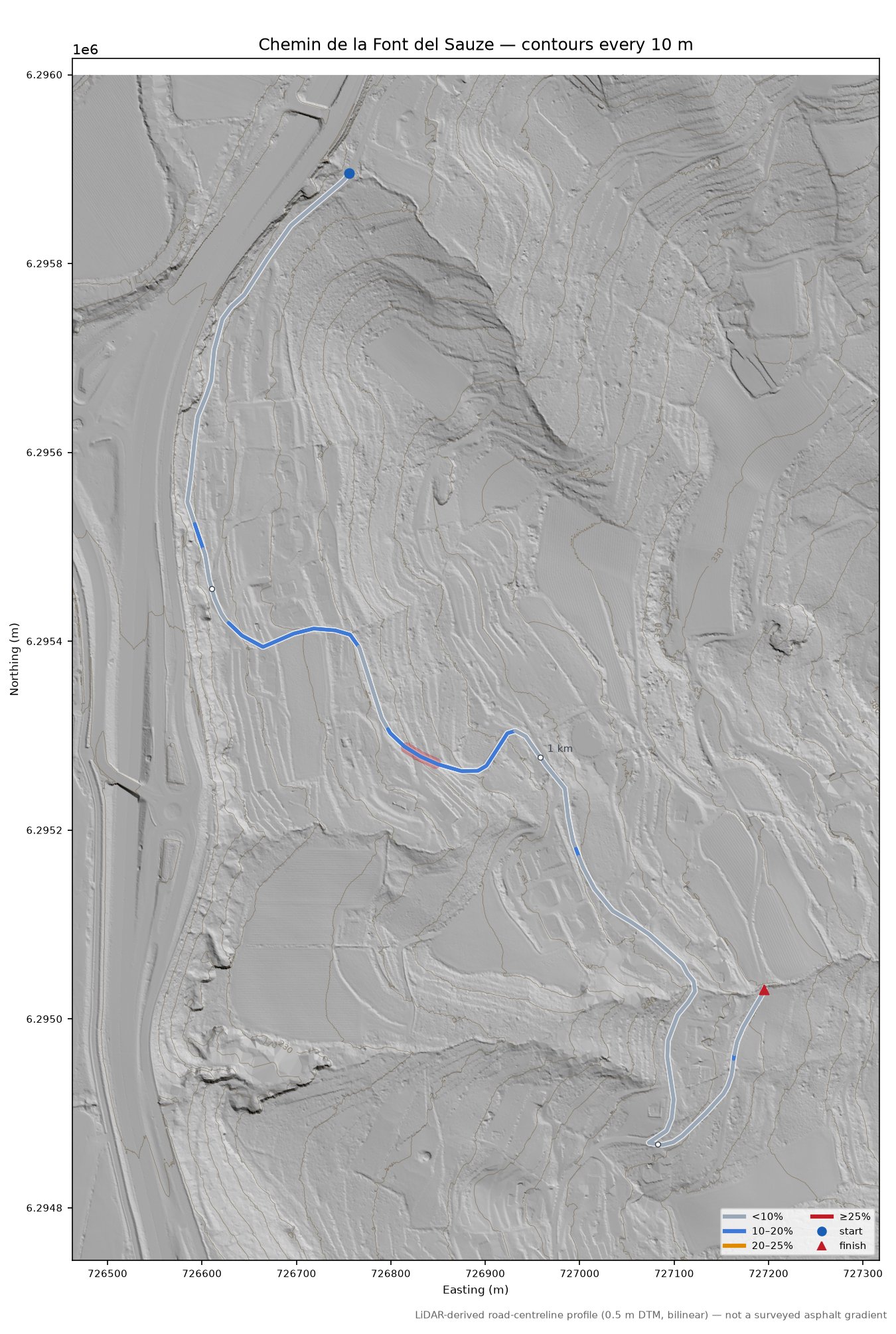 Chemin de la Font del Sauze LiDAR hillshade map with contours