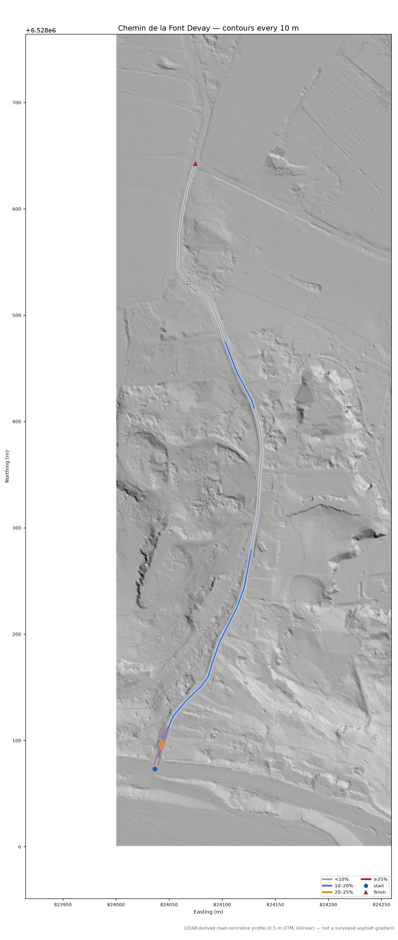 Chemin de la Font Devay LiDAR hillshade map with contours