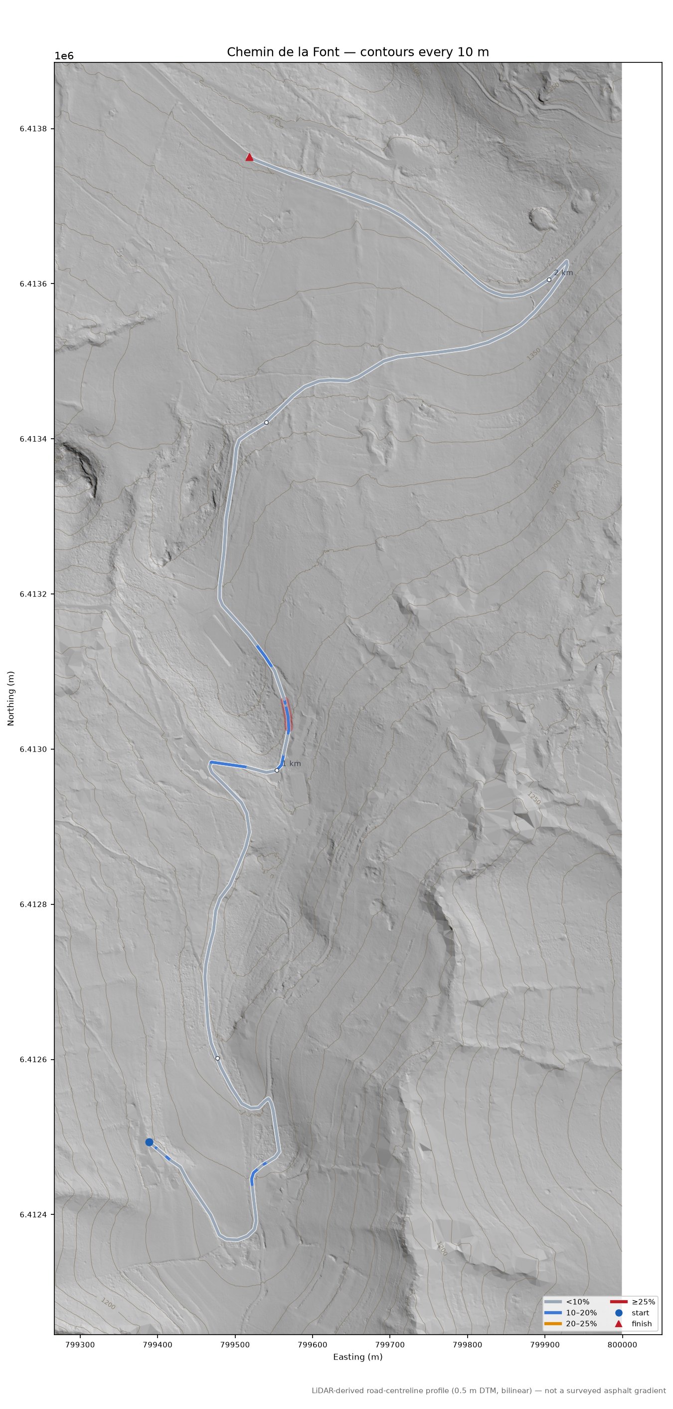Chemin de la Font LiDAR hillshade map with contours