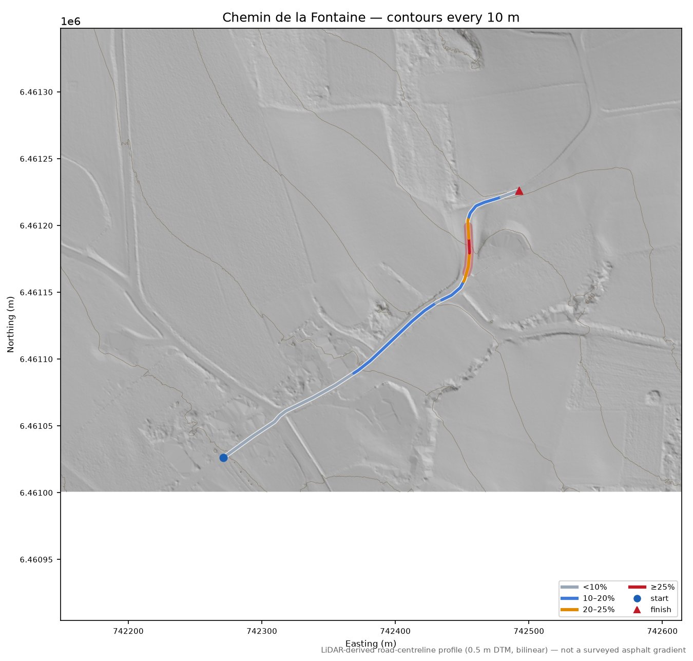 Chemin de la Fontaine LiDAR hillshade map with contours