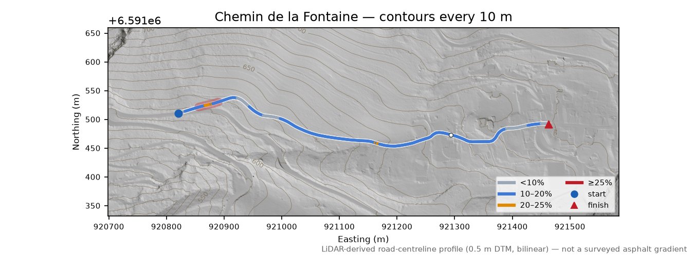 Chemin de la Fontaine LiDAR hillshade map with contours
