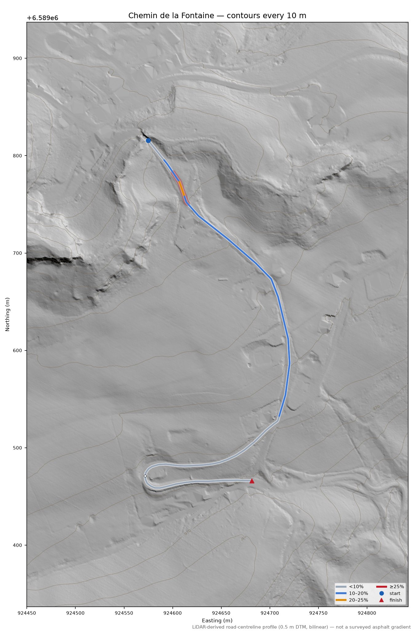 Chemin de la Fontaine LiDAR hillshade map with contours