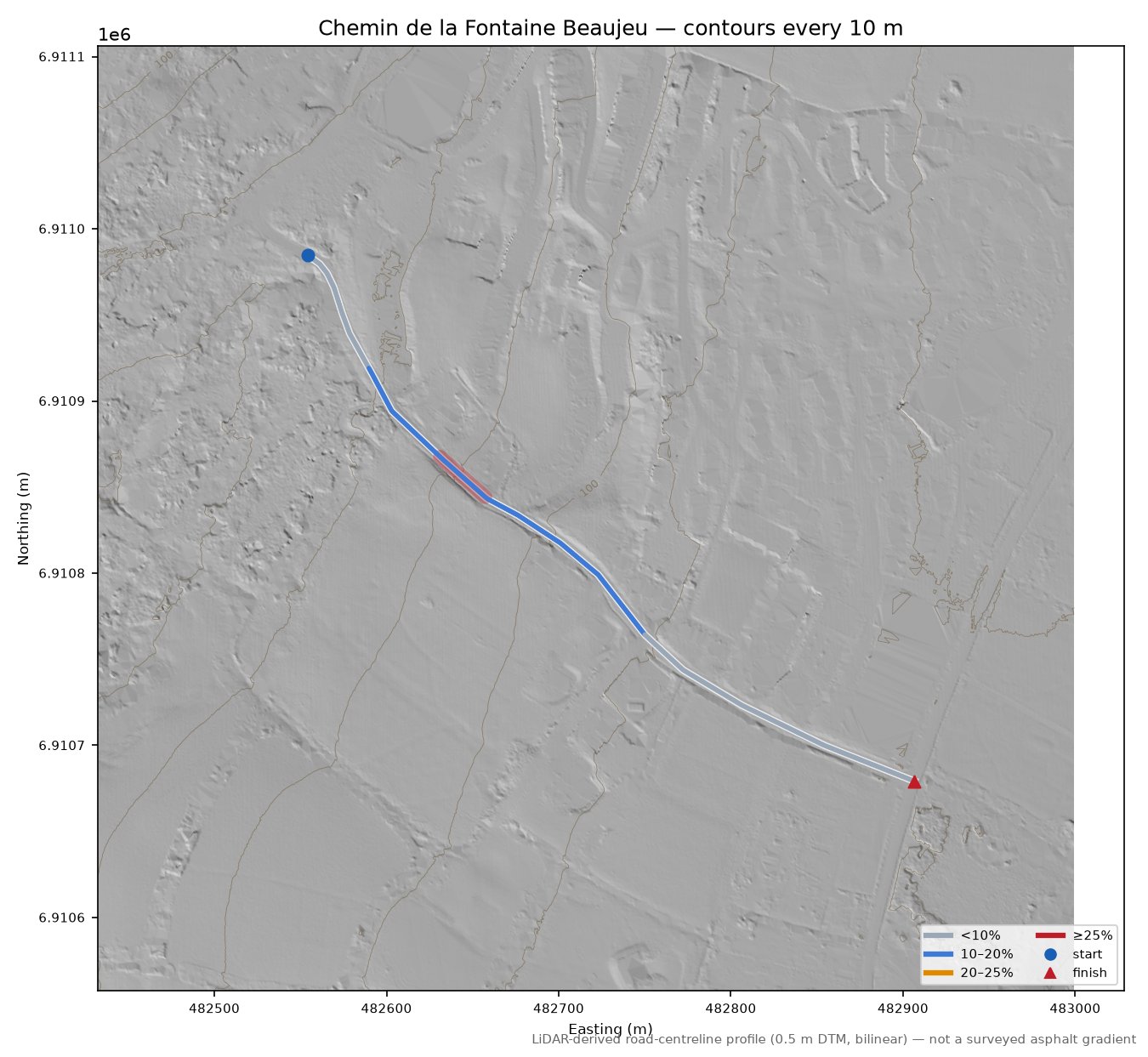 Chemin de la Fontaine Beaujeu LiDAR hillshade map with contours