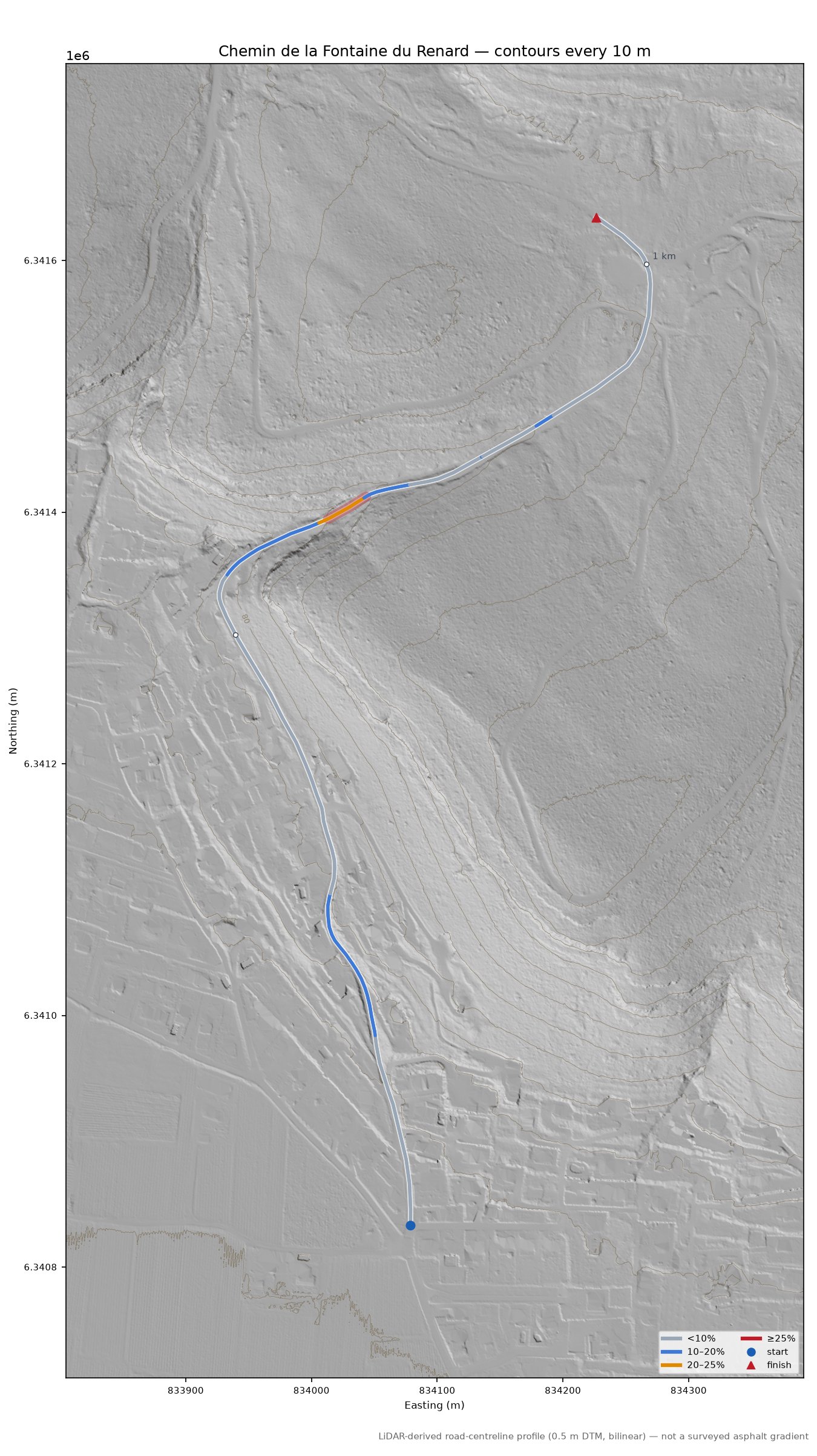 Chemin de la Fontaine du Renard LiDAR hillshade map with contours