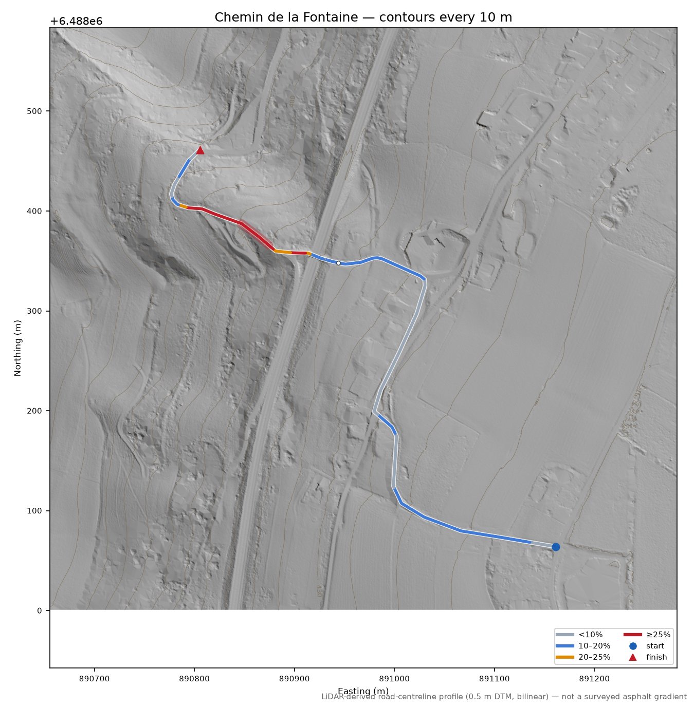 Chemin de la Fontaine LiDAR hillshade map with contours