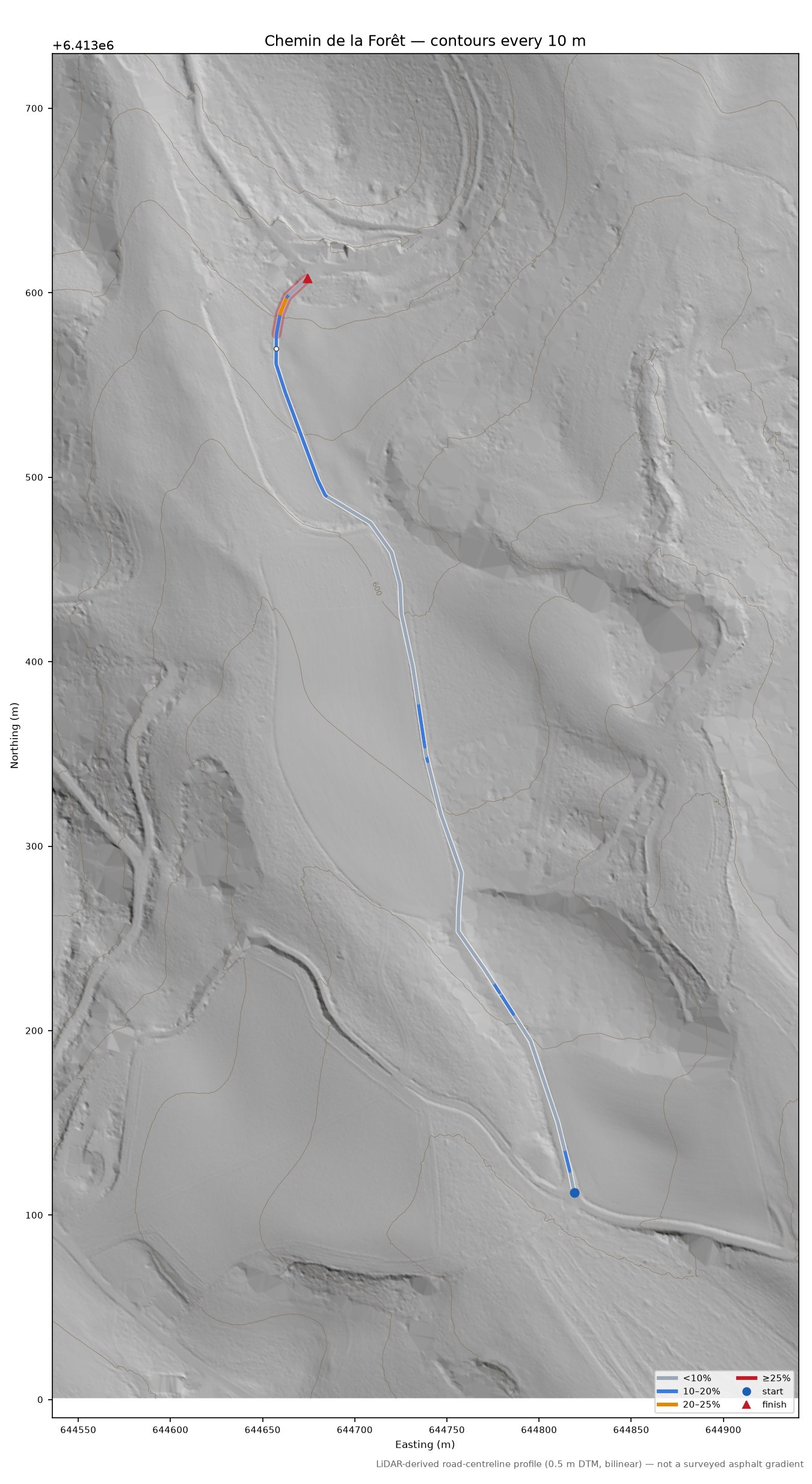 Chemin de la Forêt LiDAR hillshade map with contours