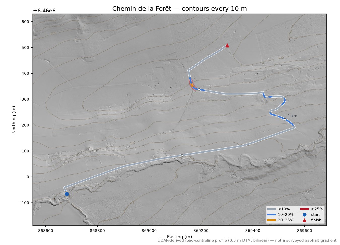 Chemin de la Forêt LiDAR hillshade map with contours