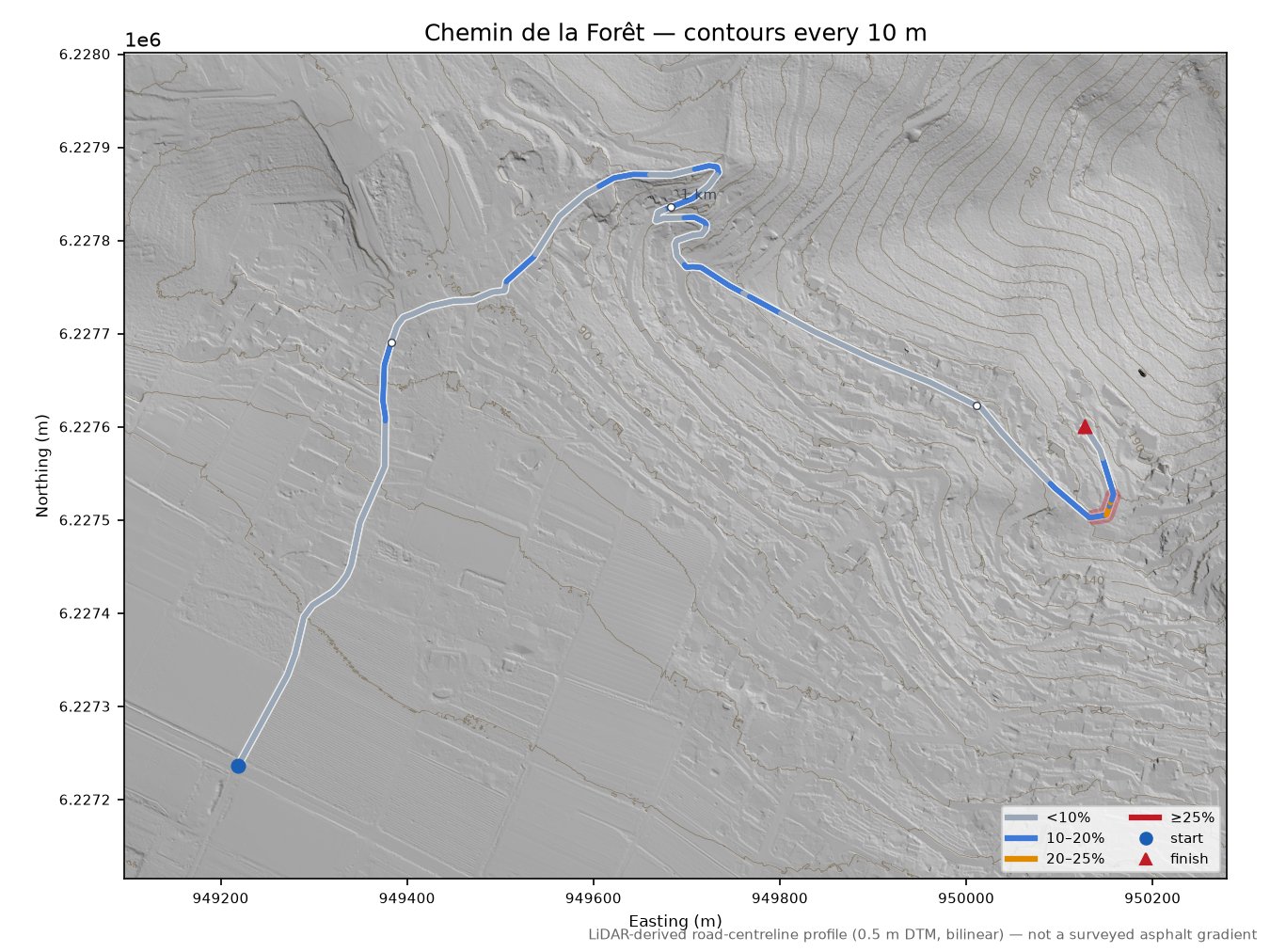 Chemin de la Forêt LiDAR hillshade map with contours