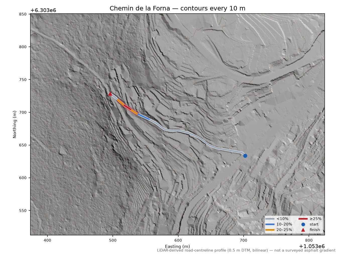 Chemin de la Forna LiDAR hillshade map with contours