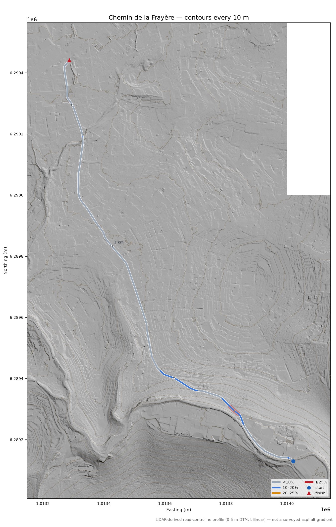 Chemin de la Frayère LiDAR hillshade map with contours