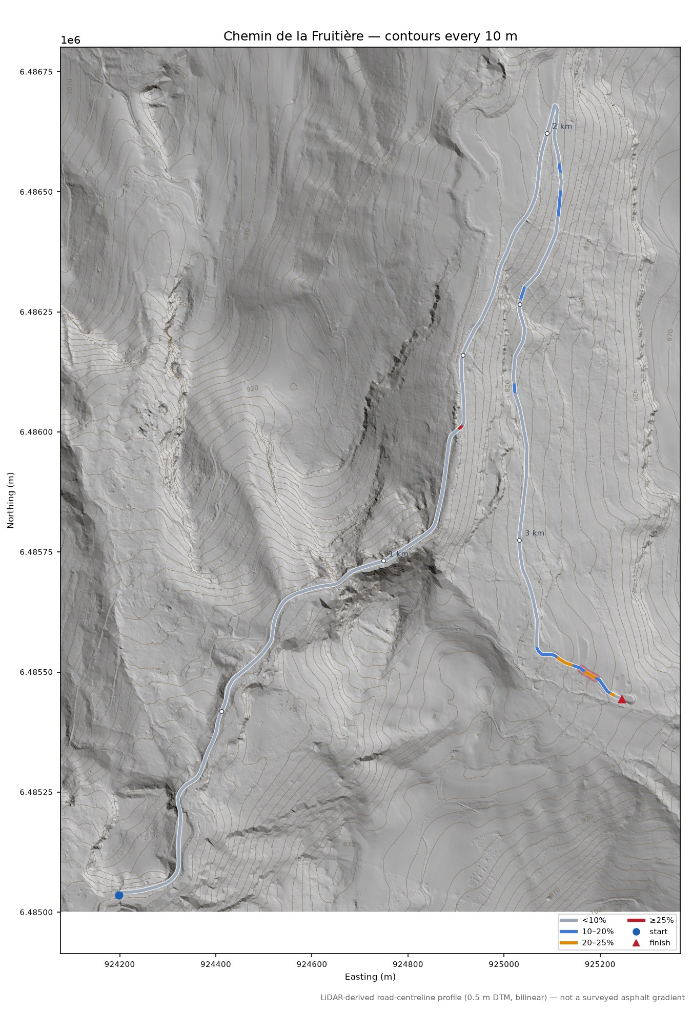 Chemin de la Fruitière LiDAR hillshade map with contours