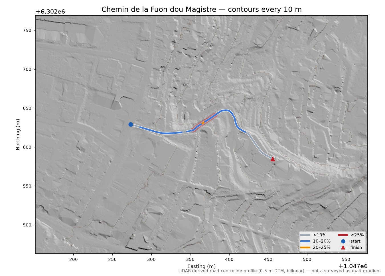 Chemin de la Fuon dou Magistre LiDAR hillshade map with contours