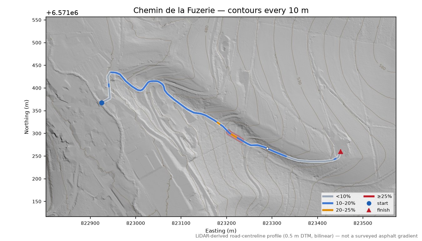 Chemin de la Fuzerie LiDAR hillshade map with contours
