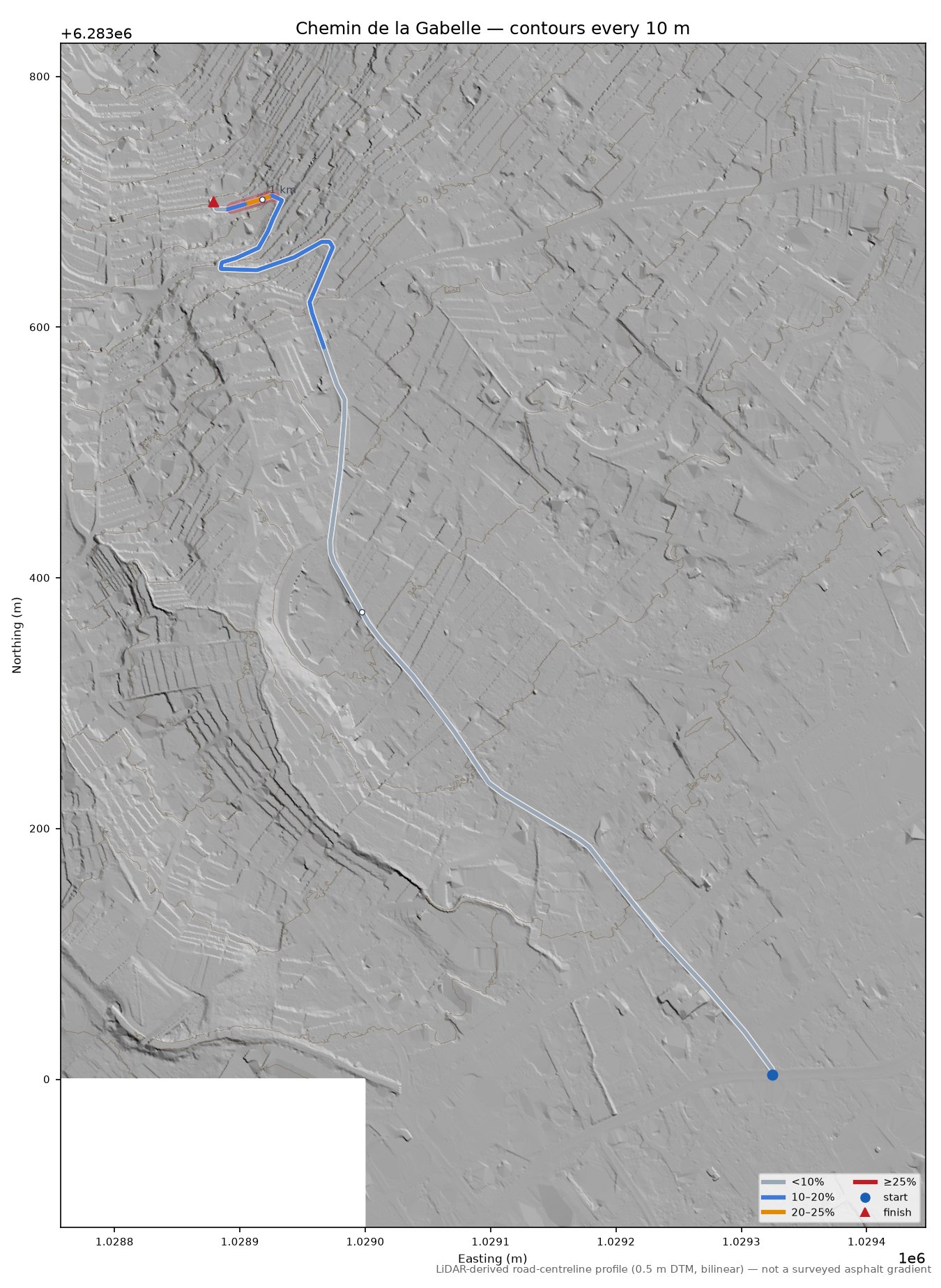 Chemin de la Gabelle LiDAR hillshade map with contours