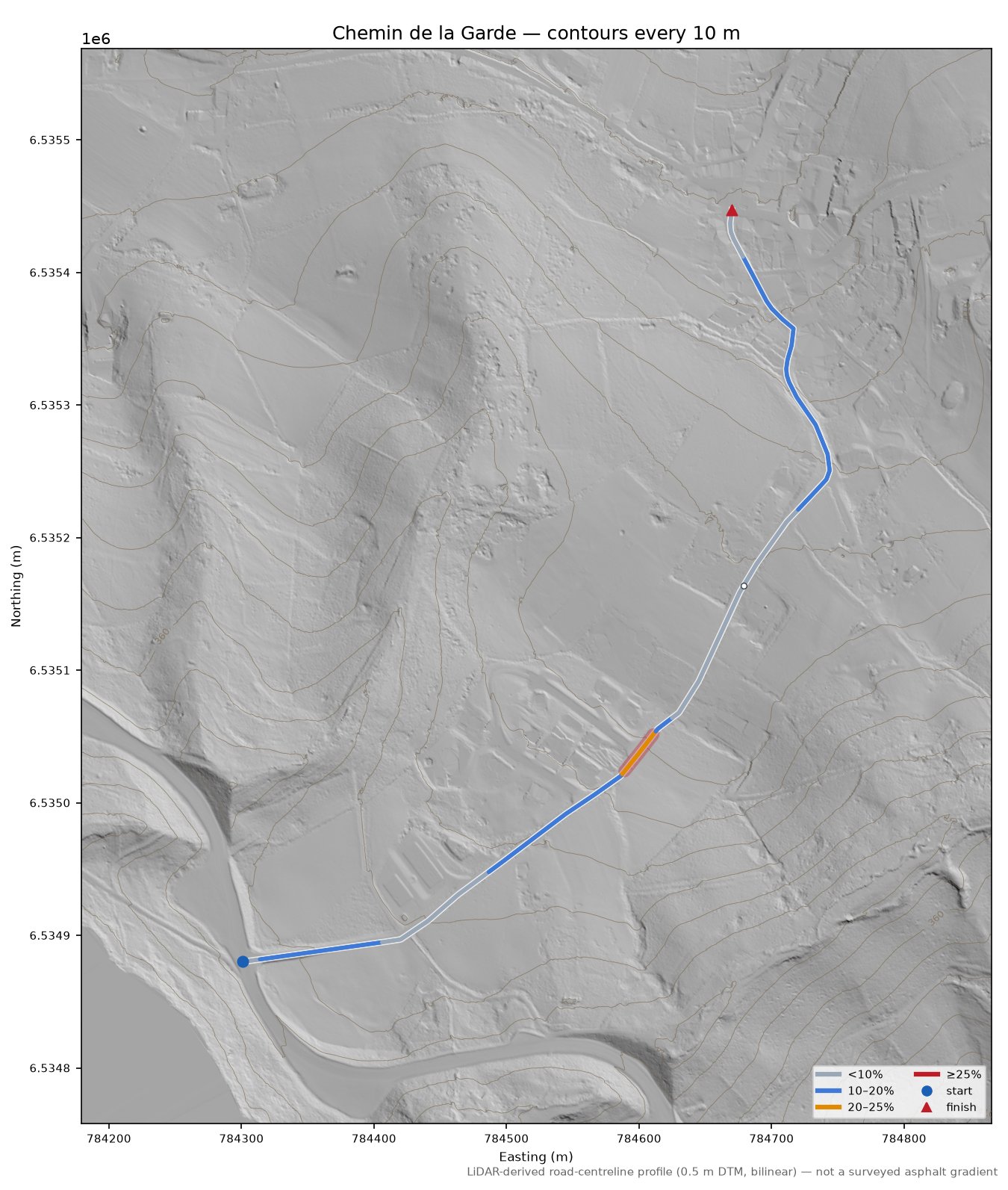 Chemin de la Garde LiDAR hillshade map with contours