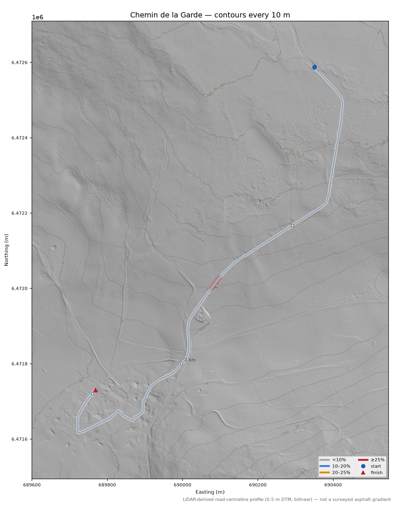 Chemin de la Garde LiDAR hillshade map with contours