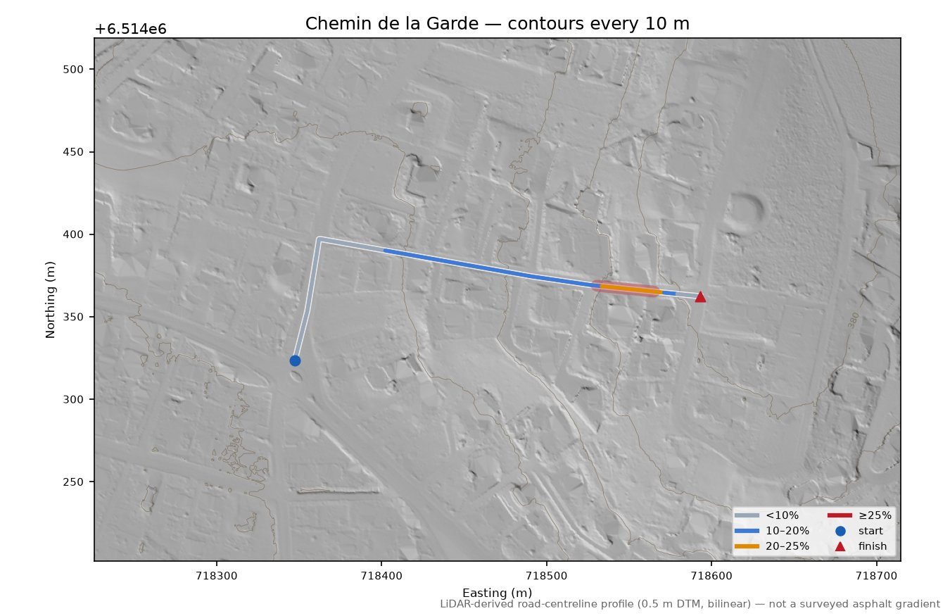 Chemin de la Garde LiDAR hillshade map with contours