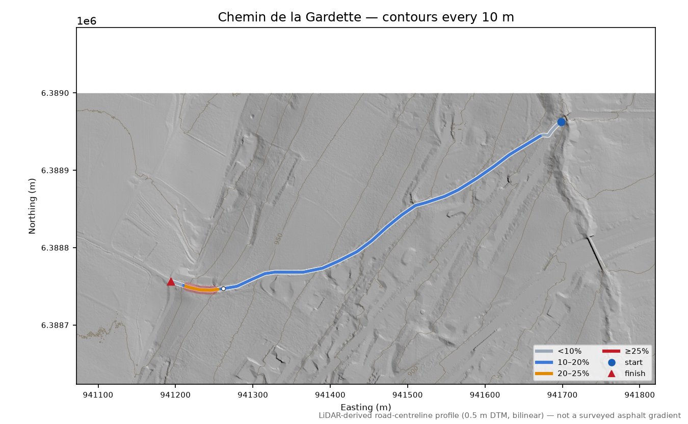 Chemin de la Gardette LiDAR hillshade map with contours