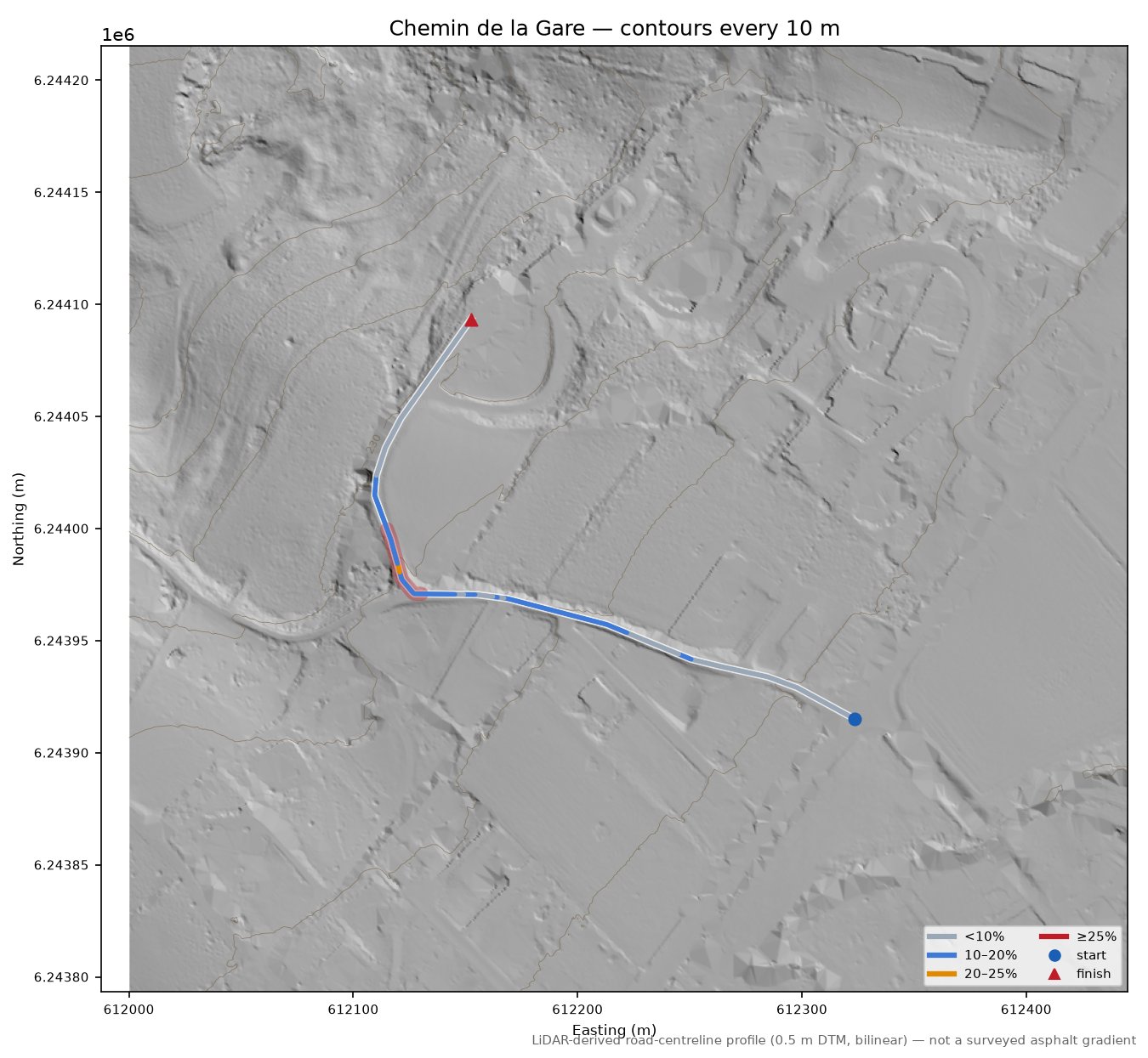 Chemin de la Gare LiDAR hillshade map with contours