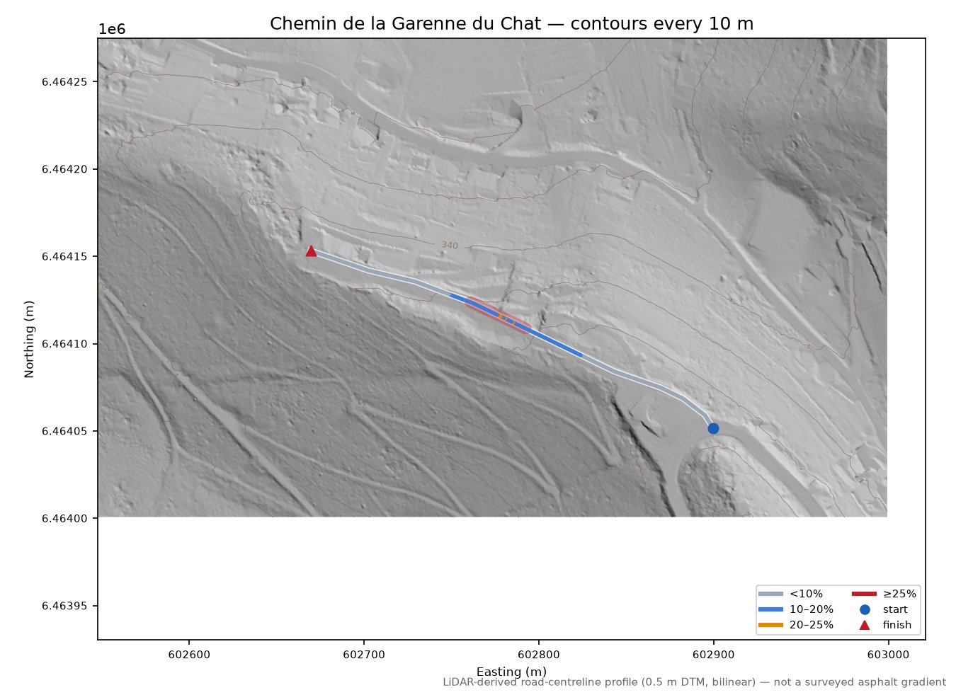 Chemin de la Garenne du Chat LiDAR hillshade map with contours