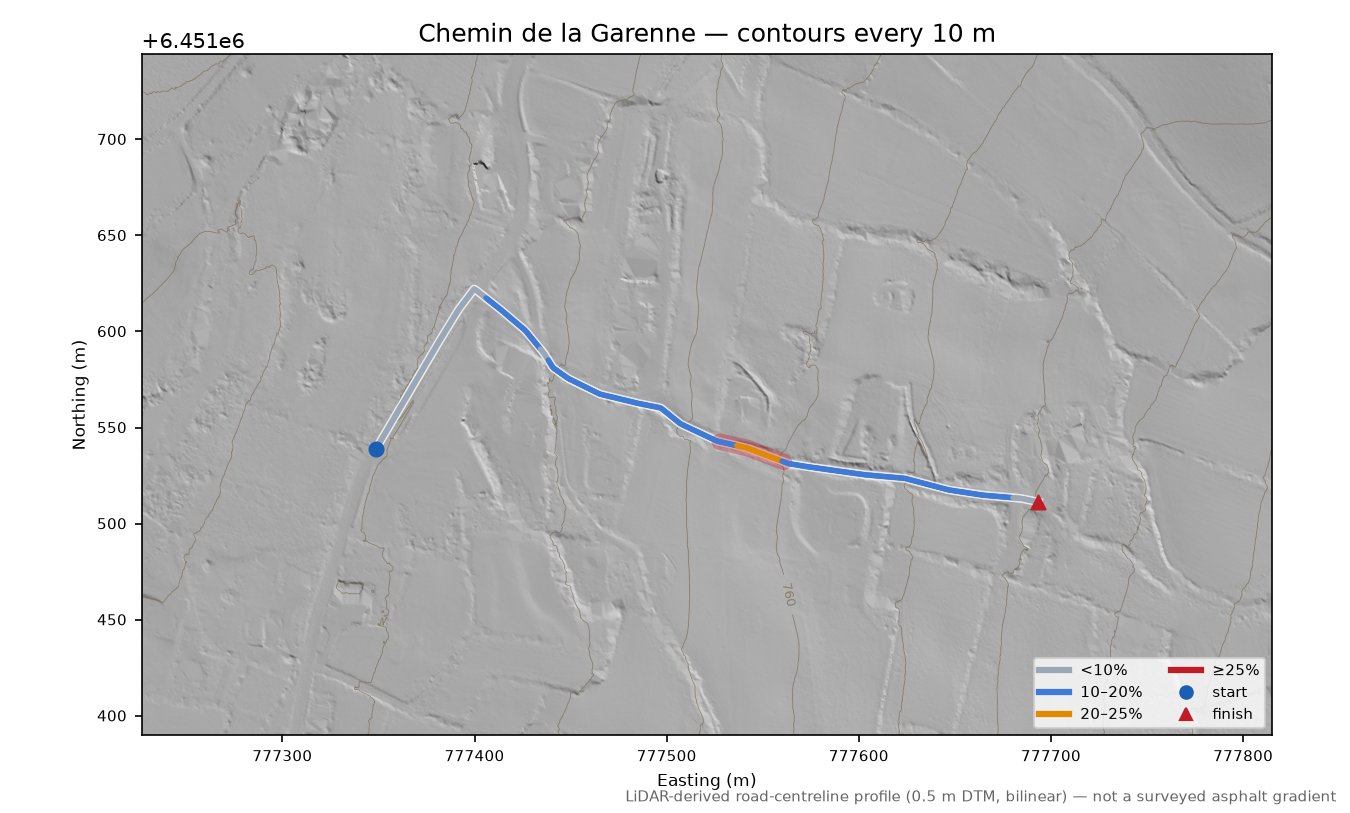 Chemin de la Garenne LiDAR hillshade map with contours