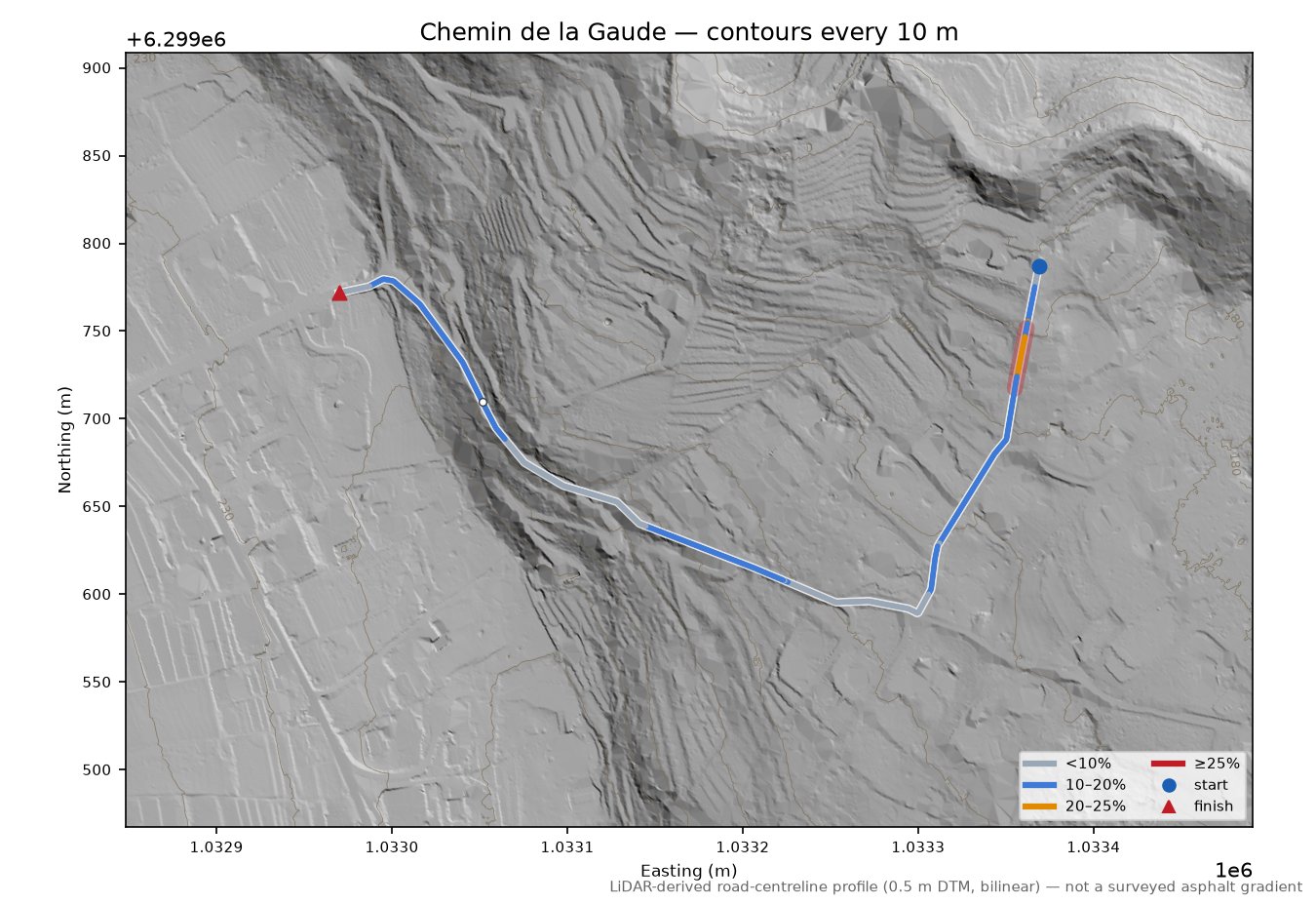 Chemin de la Gaude LiDAR hillshade map with contours
