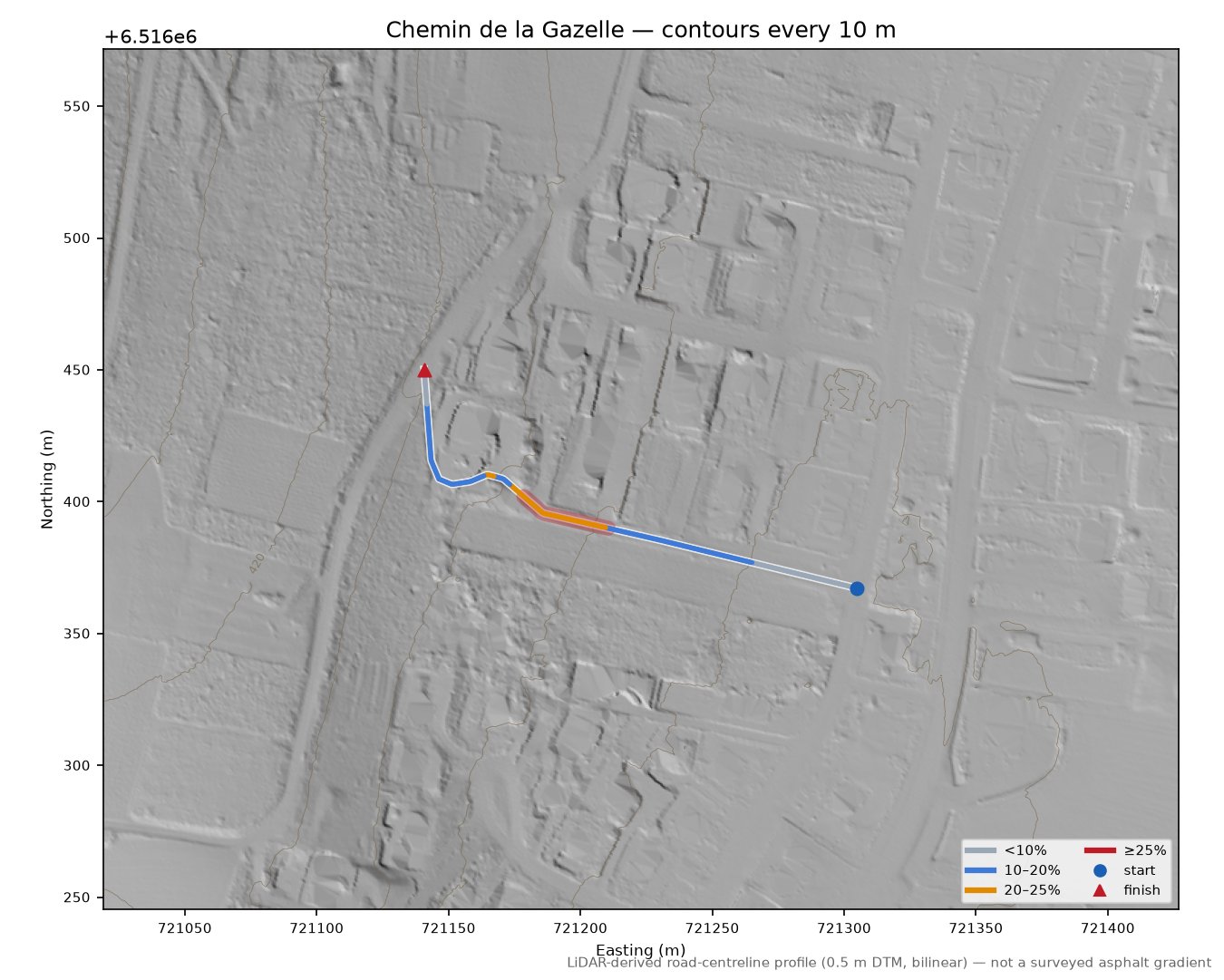 Chemin de la Gazelle LiDAR hillshade map with contours