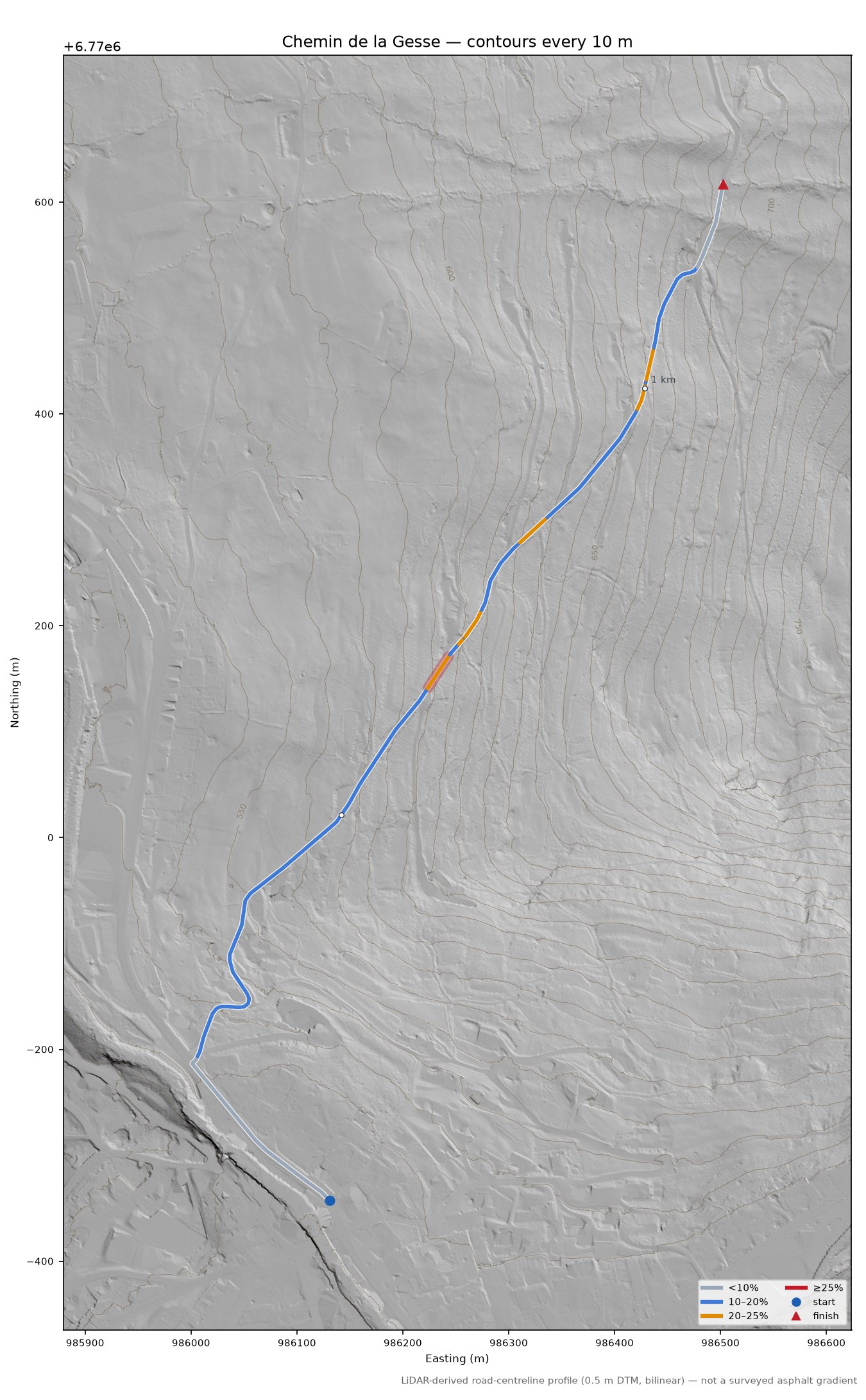 Chemin de la Gesse LiDAR hillshade map with contours