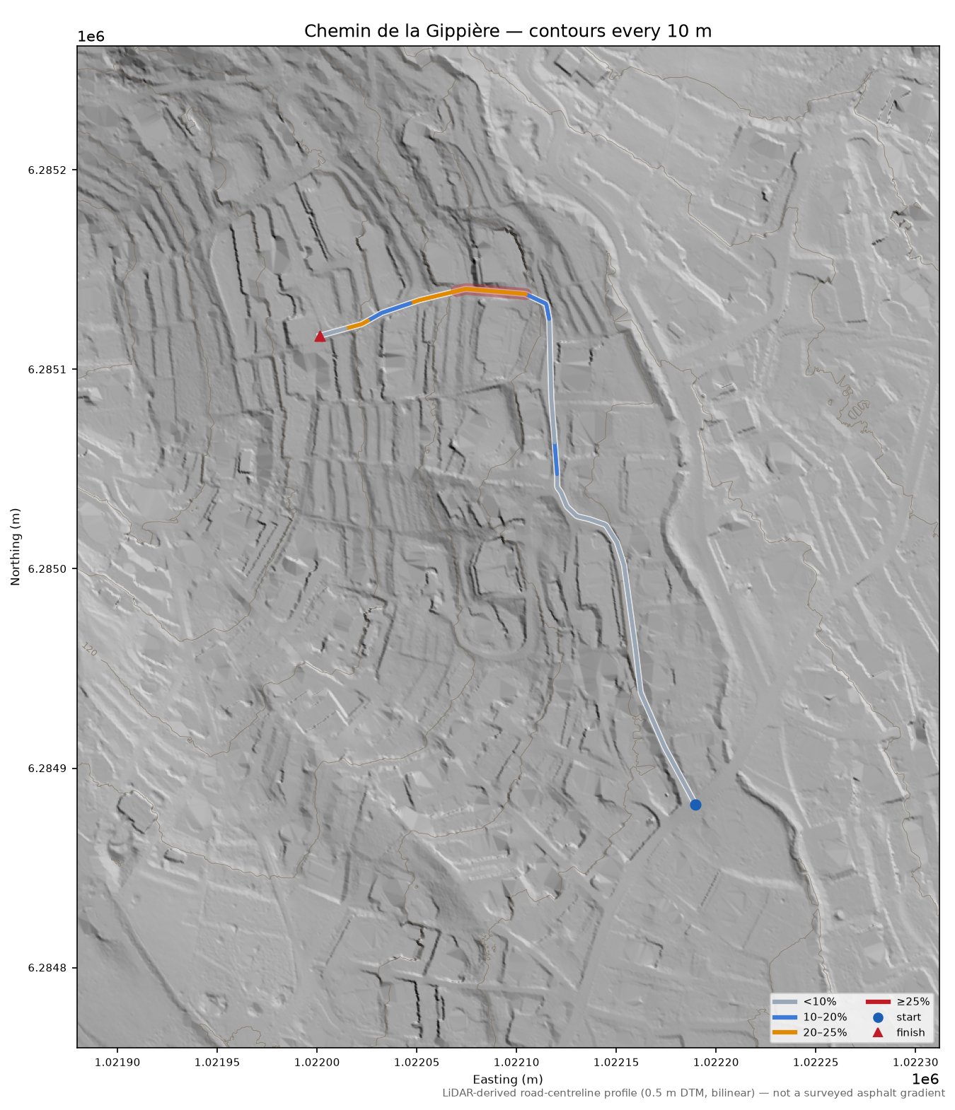 Chemin de la Gippière LiDAR hillshade map with contours
