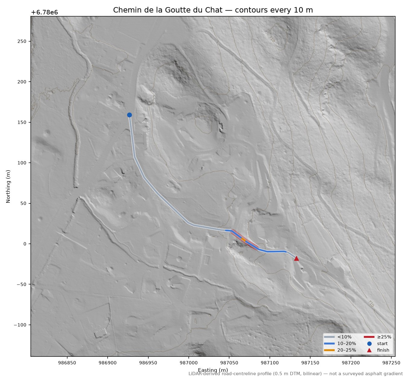 Chemin de la Goutte du Chat LiDAR hillshade map with contours