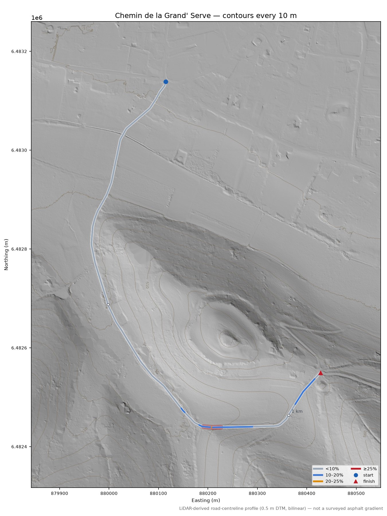 Chemin de la Grand' Serve LiDAR hillshade map with contours