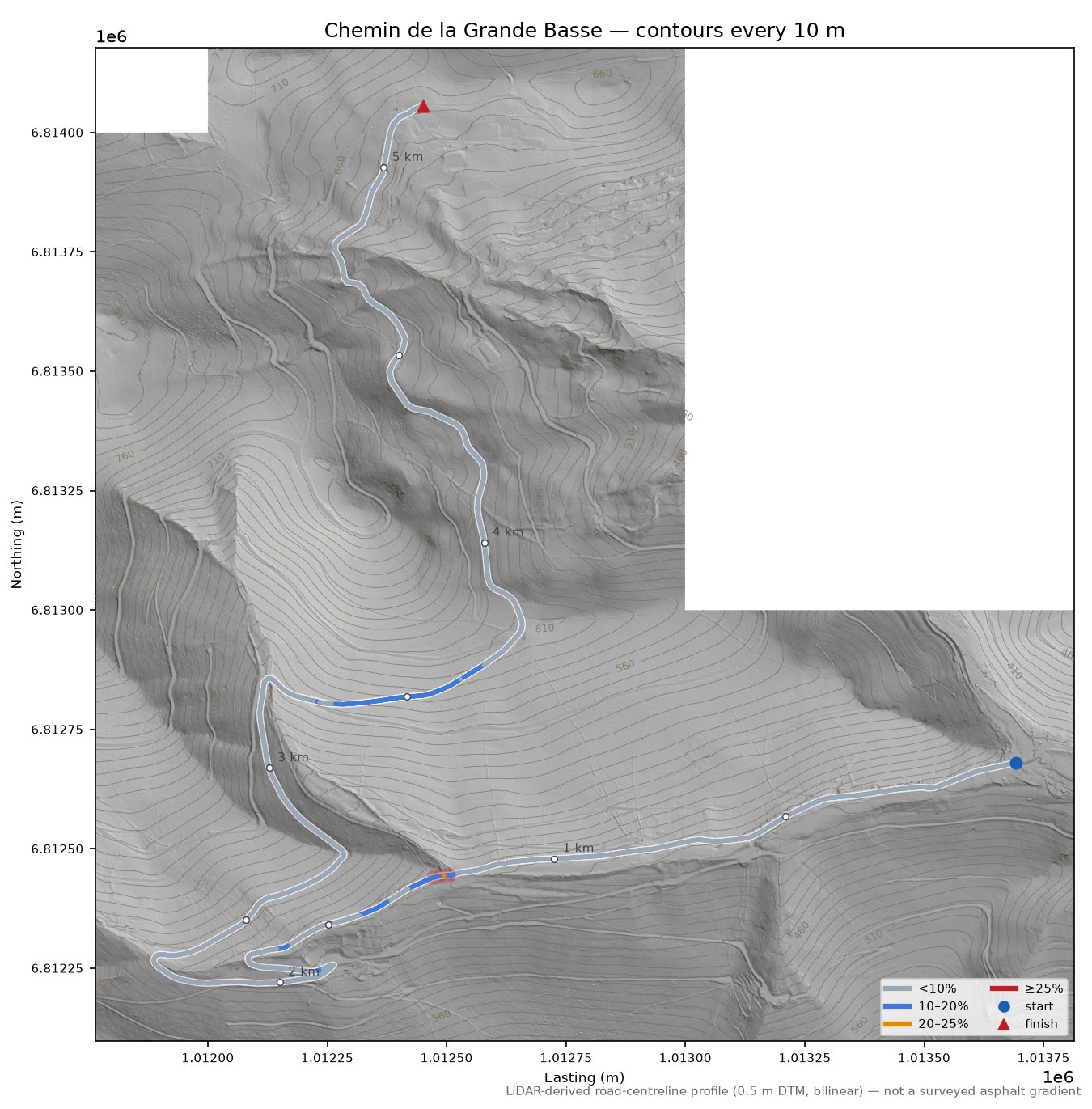 Chemin de la Grande Basse LiDAR hillshade map with contours