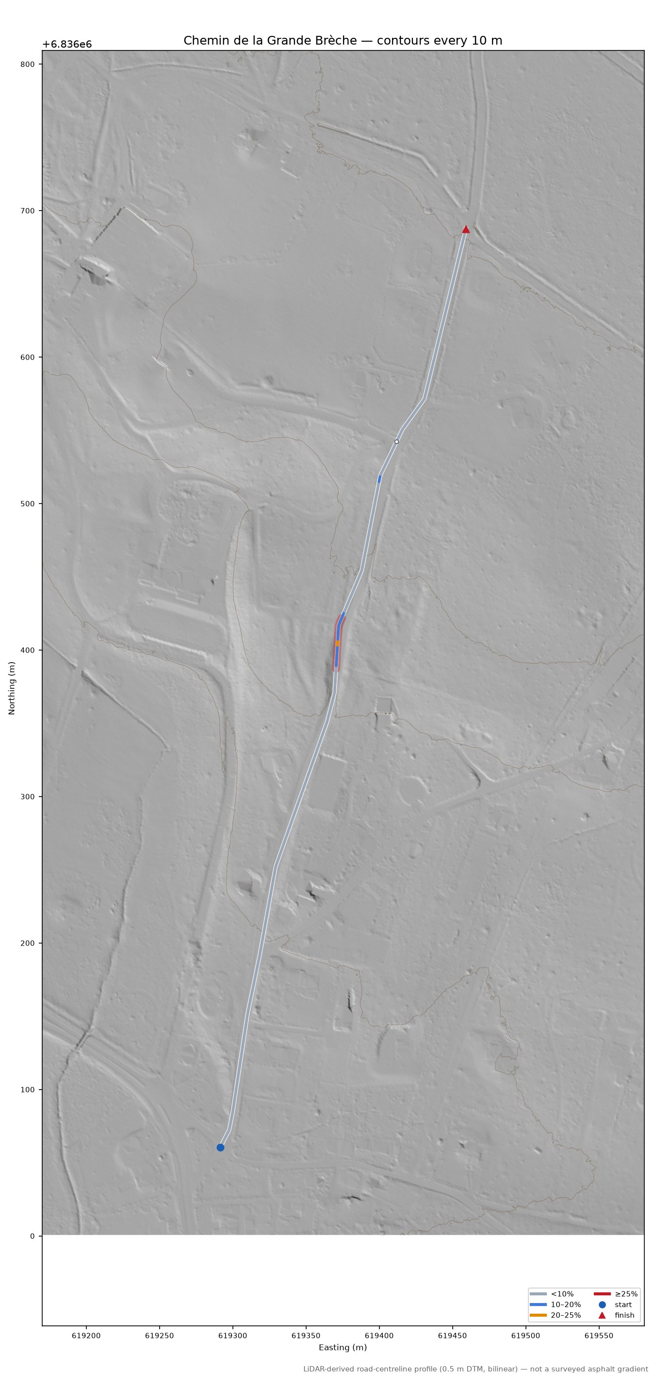 Chemin de la Grande Brèche LiDAR hillshade map with contours