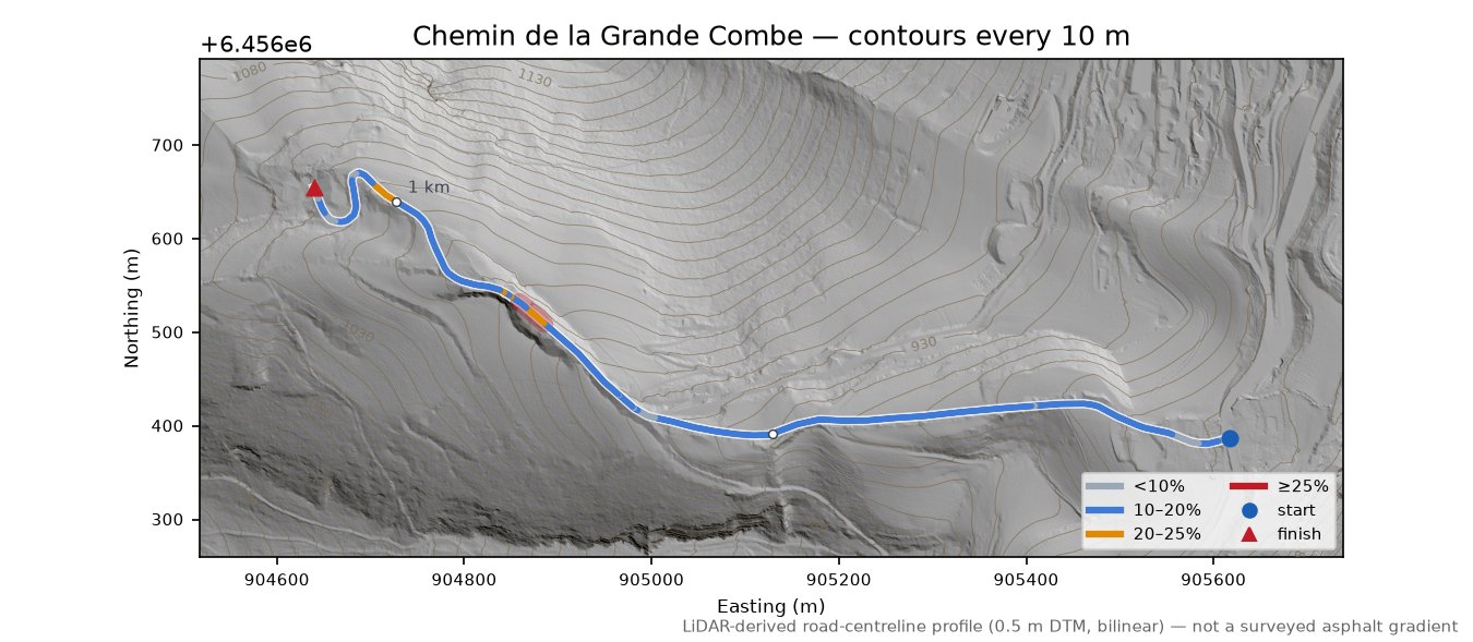 Chemin de la Grande Combe LiDAR hillshade map with contours