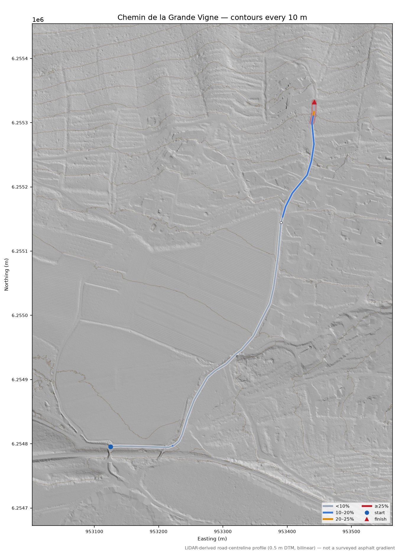 Chemin de la Grande Vigne LiDAR hillshade map with contours