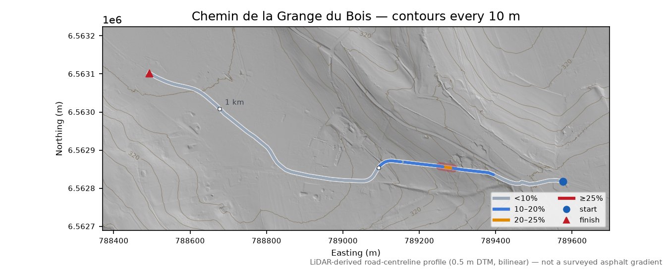 Chemin de la Grange du Bois LiDAR hillshade map with contours