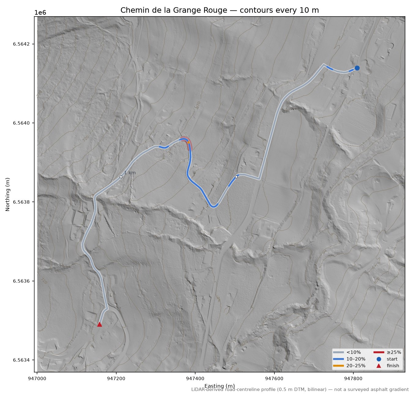 Chemin de la Grange Rouge LiDAR hillshade map with contours