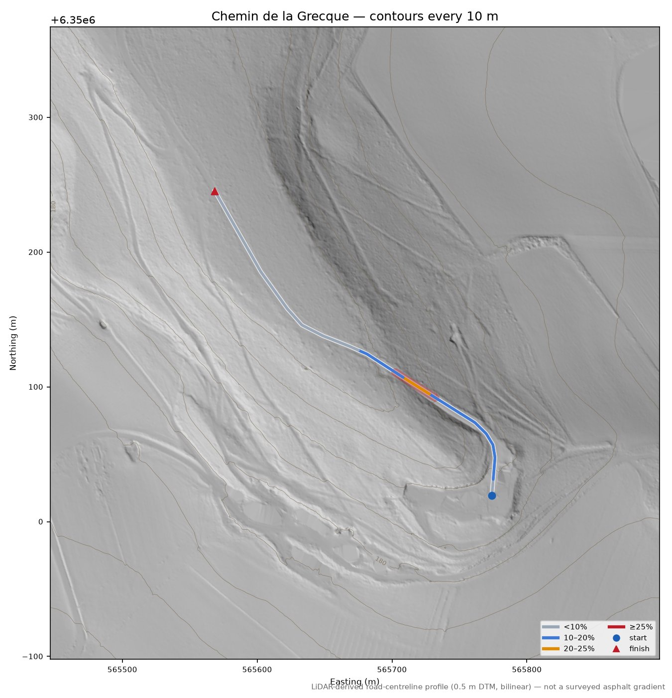 Chemin de la Grecque LiDAR hillshade map with contours
