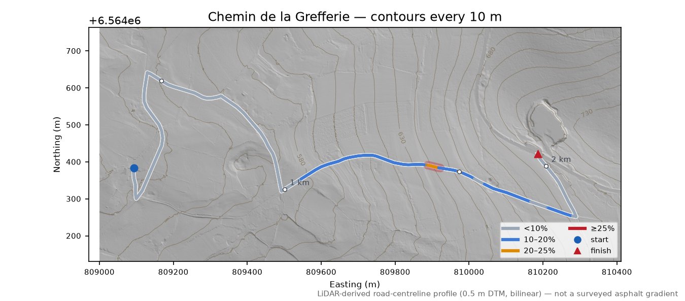 Chemin de la Grefferie LiDAR hillshade map with contours
