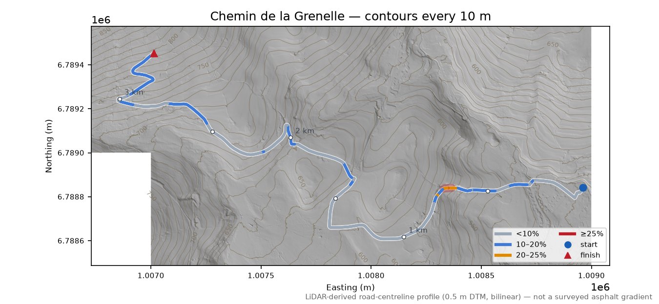 Chemin de la Grenelle LiDAR hillshade map with contours