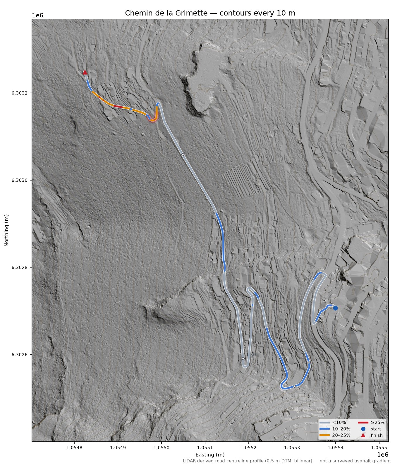 Chemin de la Grimette LiDAR hillshade map with contours