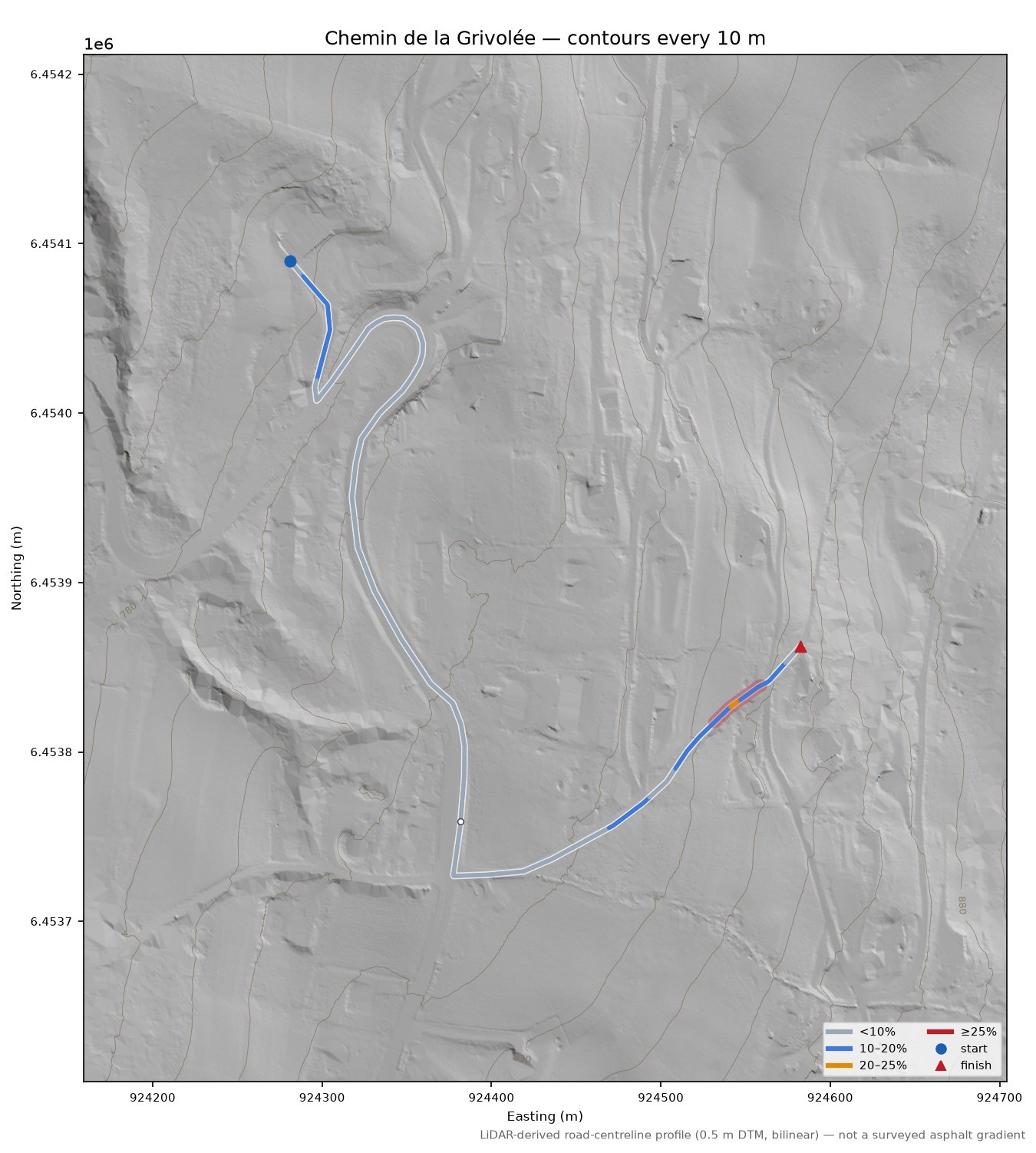 Chemin de la Grivolée LiDAR hillshade map with contours