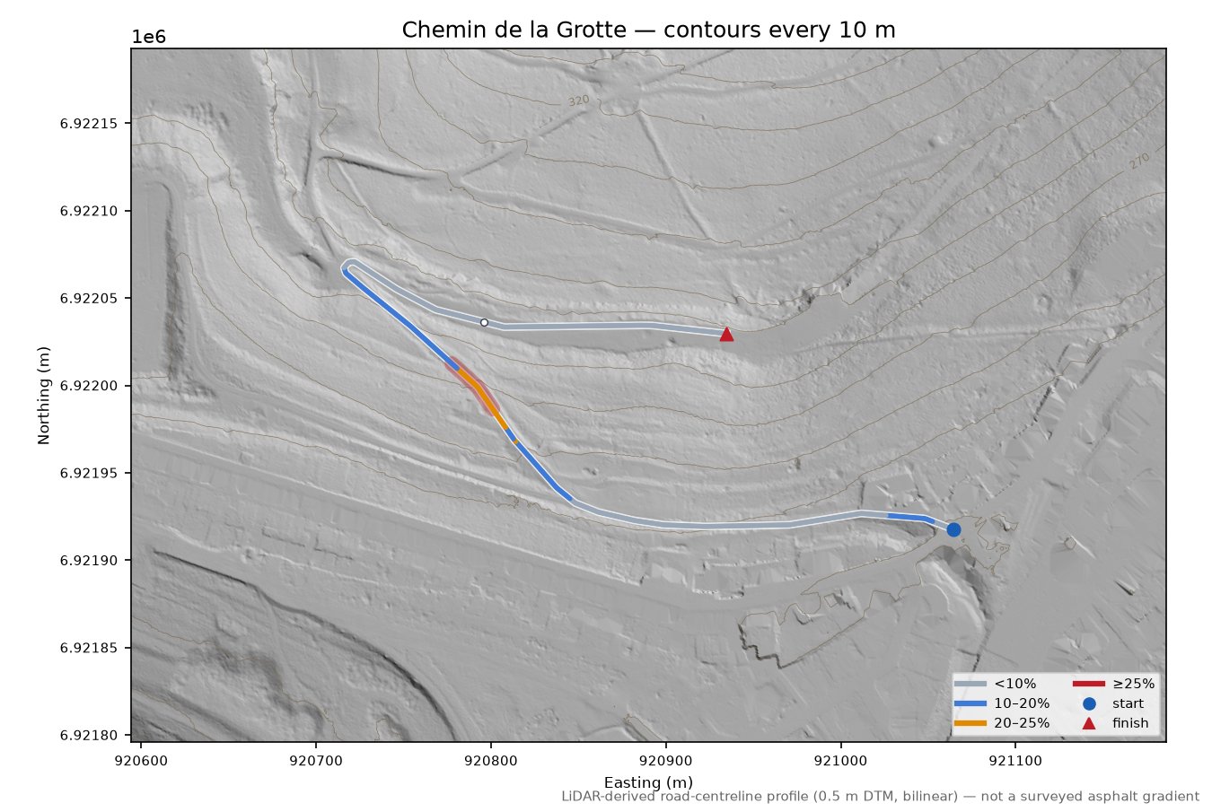 Chemin de la Grotte LiDAR hillshade map with contours