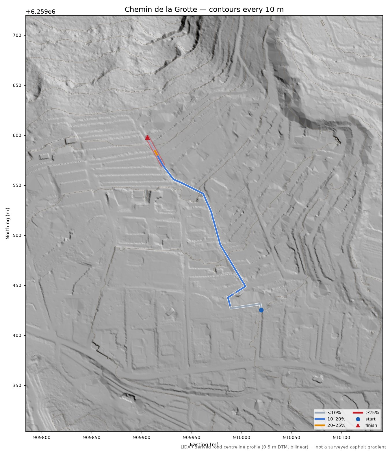 Chemin de la Grotte LiDAR hillshade map with contours