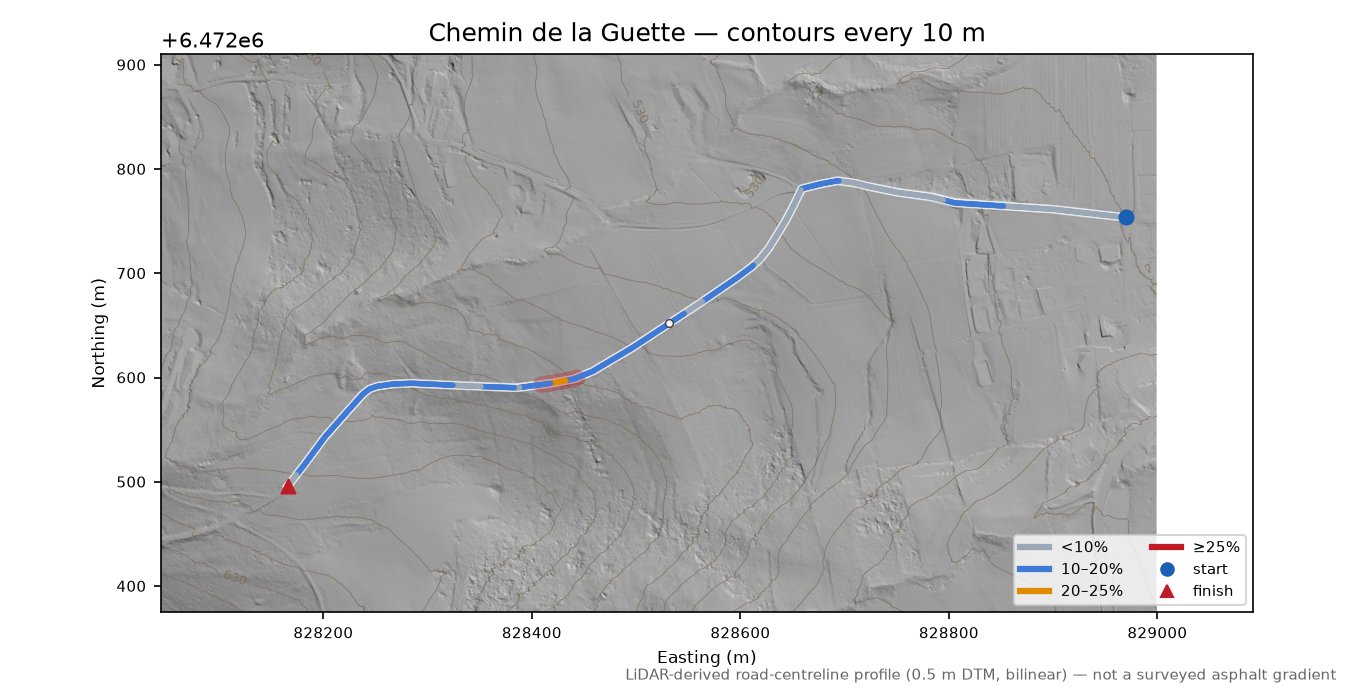 Chemin de la Guette LiDAR hillshade map with contours