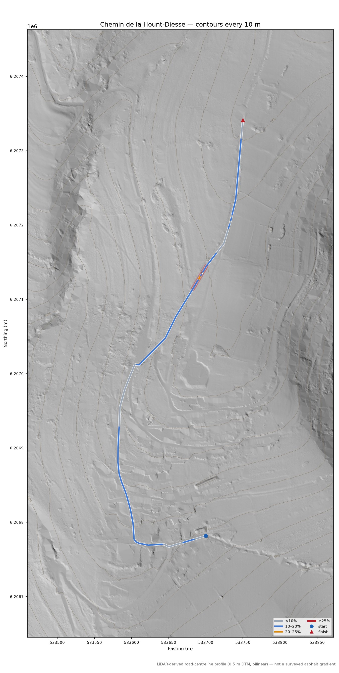 Chemin de la Hount-Diesse LiDAR hillshade map with contours