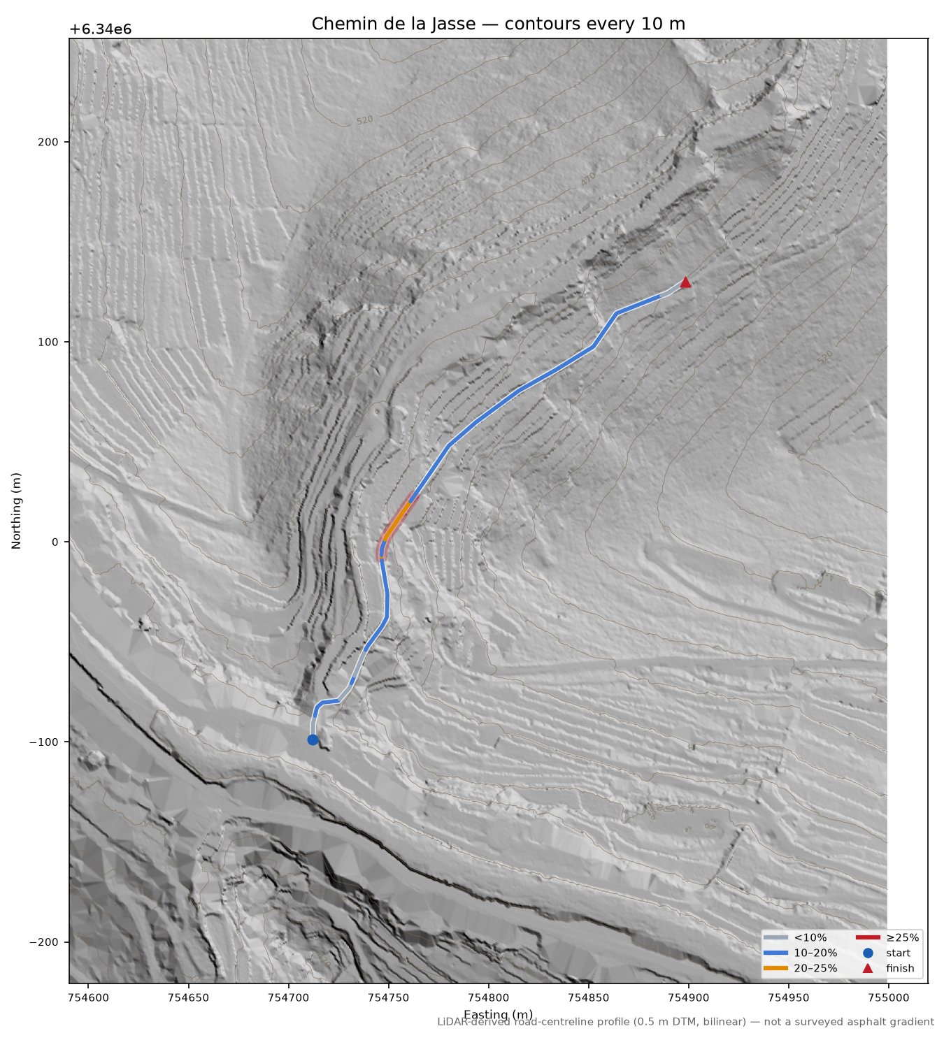 Chemin de la Jasse LiDAR hillshade map with contours