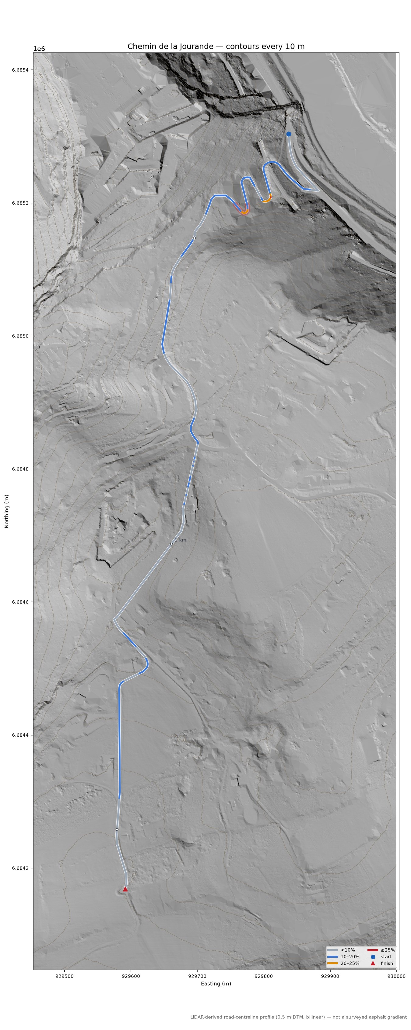 Chemin de la Jourande LiDAR hillshade map with contours
