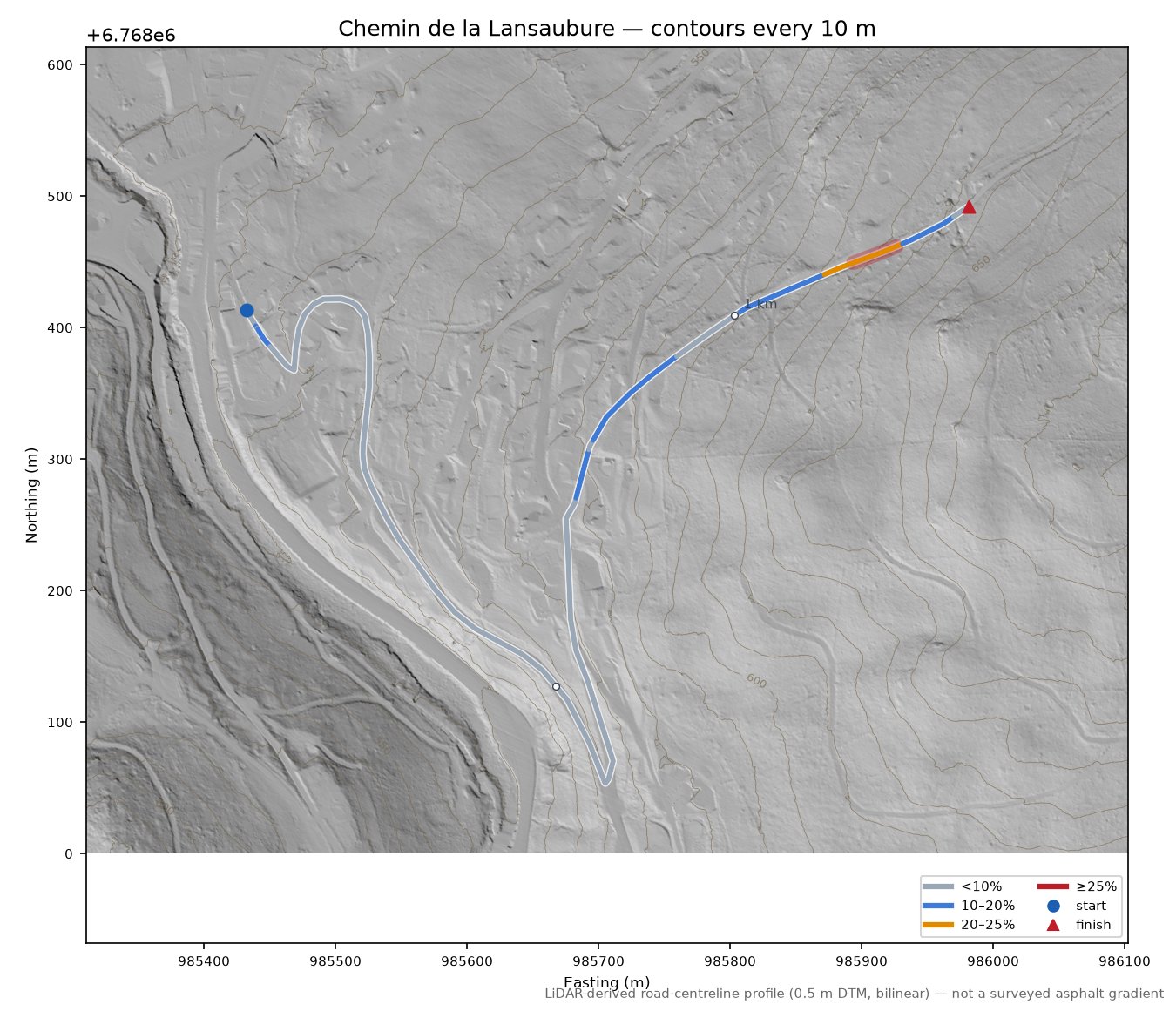 Chemin de la Lansaubure LiDAR hillshade map with contours